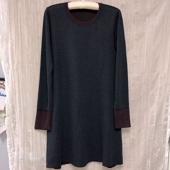 Three Dots L Reversible Knit Long Sleeve Navy Burgundy Reverse Weave Dress - Picture 1 of 14